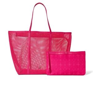 VS Hot Pink Mesh Tote Bag with Zip Pouch